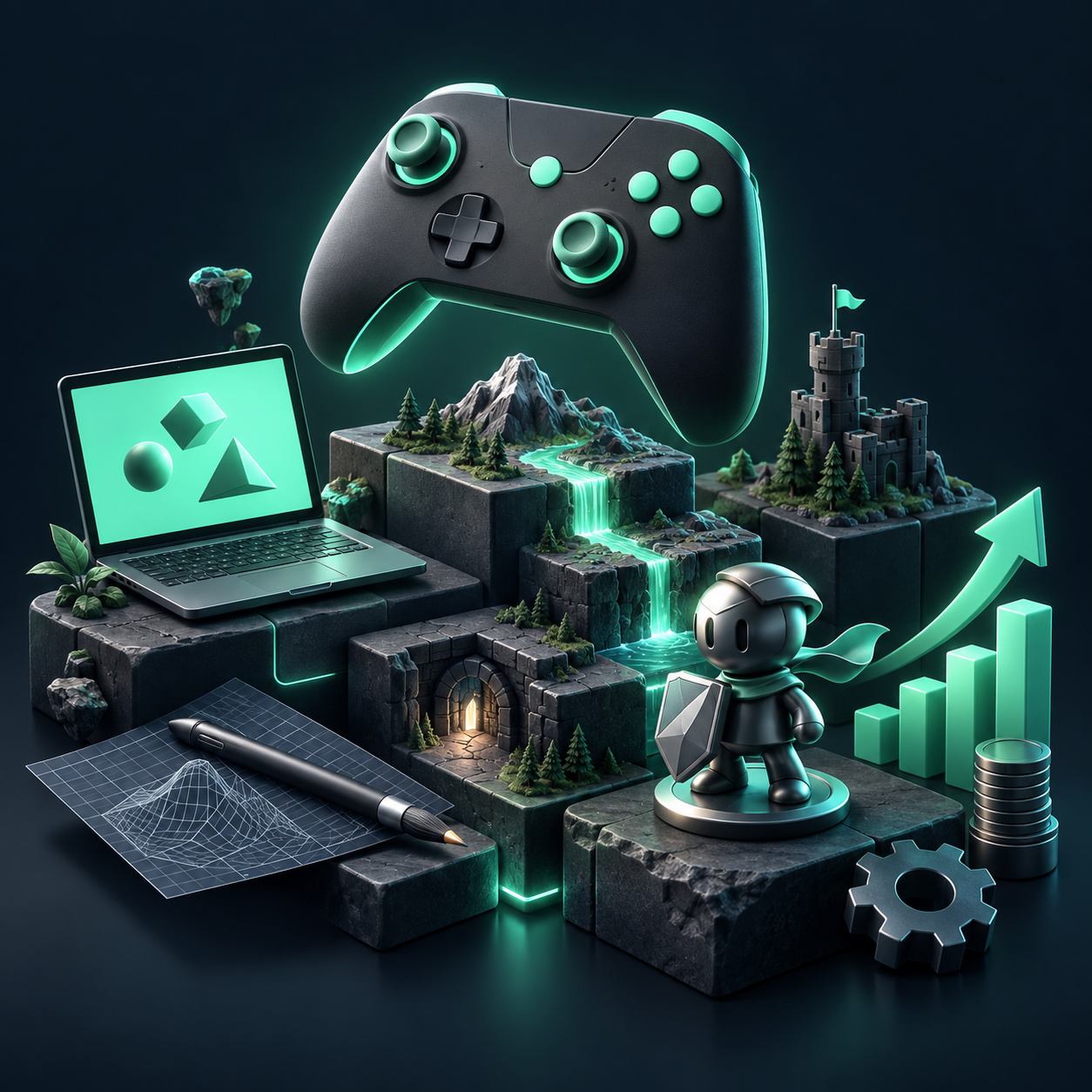 Sculptural game controller, laptop, stylus and growth arrow representing gaming’s many disciplines.