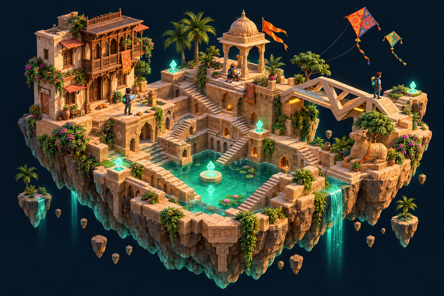 An imaginary Gujarat-inspired game world with a sandstone stepwell, traditional wooden house, bridge, colourful kites and glowing mint checkpoints.